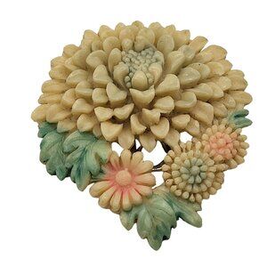 Vtg Celluloid Floral Dress Clip-On Brooch Pastel Colored Flowers & Leaves Design